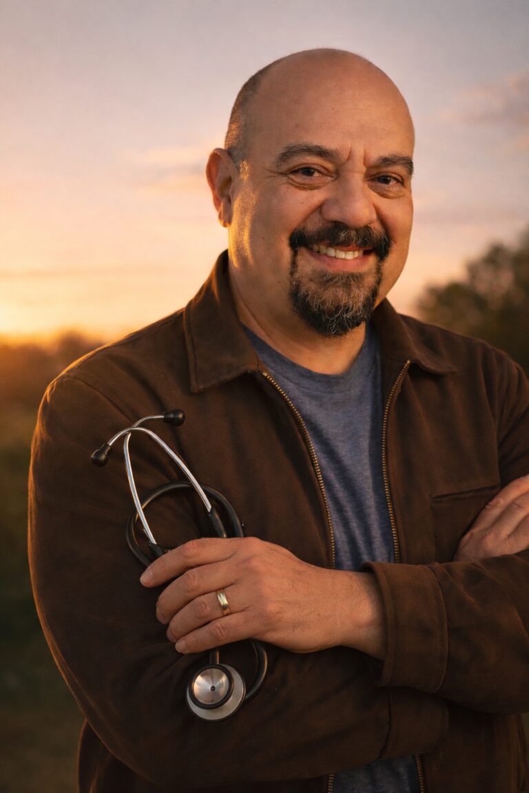 Dr. Heitor Oliveira, pediatra em Piracicaba, sorrindo ao pôr do sol segurando estetoscópio